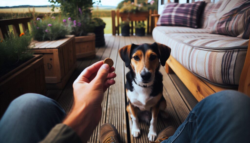 A dog receiving a treat for sitting calmly